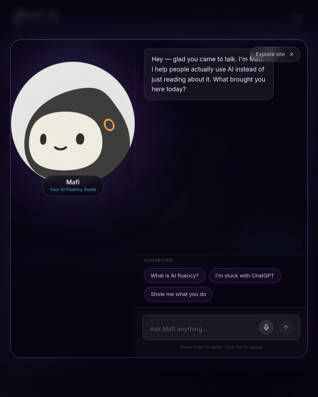 Screenshot of the Mafi 3D WebGL chat widget open on the Meet Mafi page