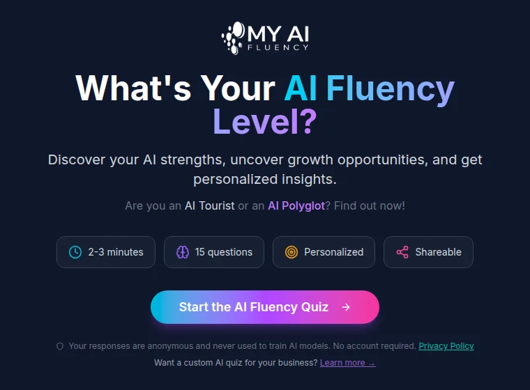 The AI Fluency Quiz start screen — the live lead-capture assessment