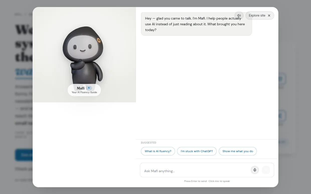 Screenshot of the Mafi 3D WebGL chat widget open on the Meet Mafi page
