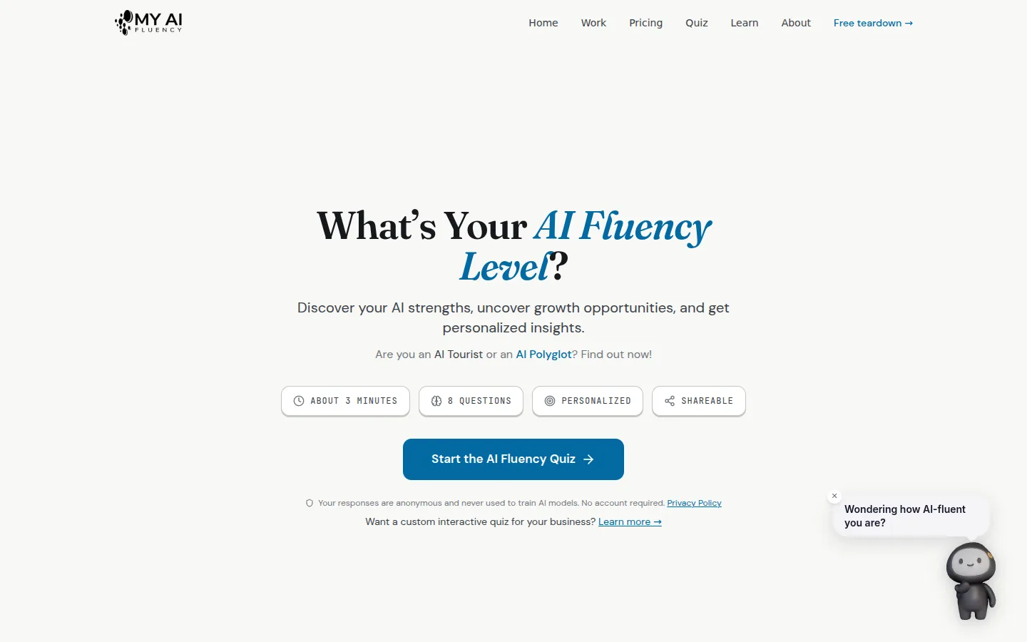 The AI Fluency Quiz start screen — the live lead-capture assessment